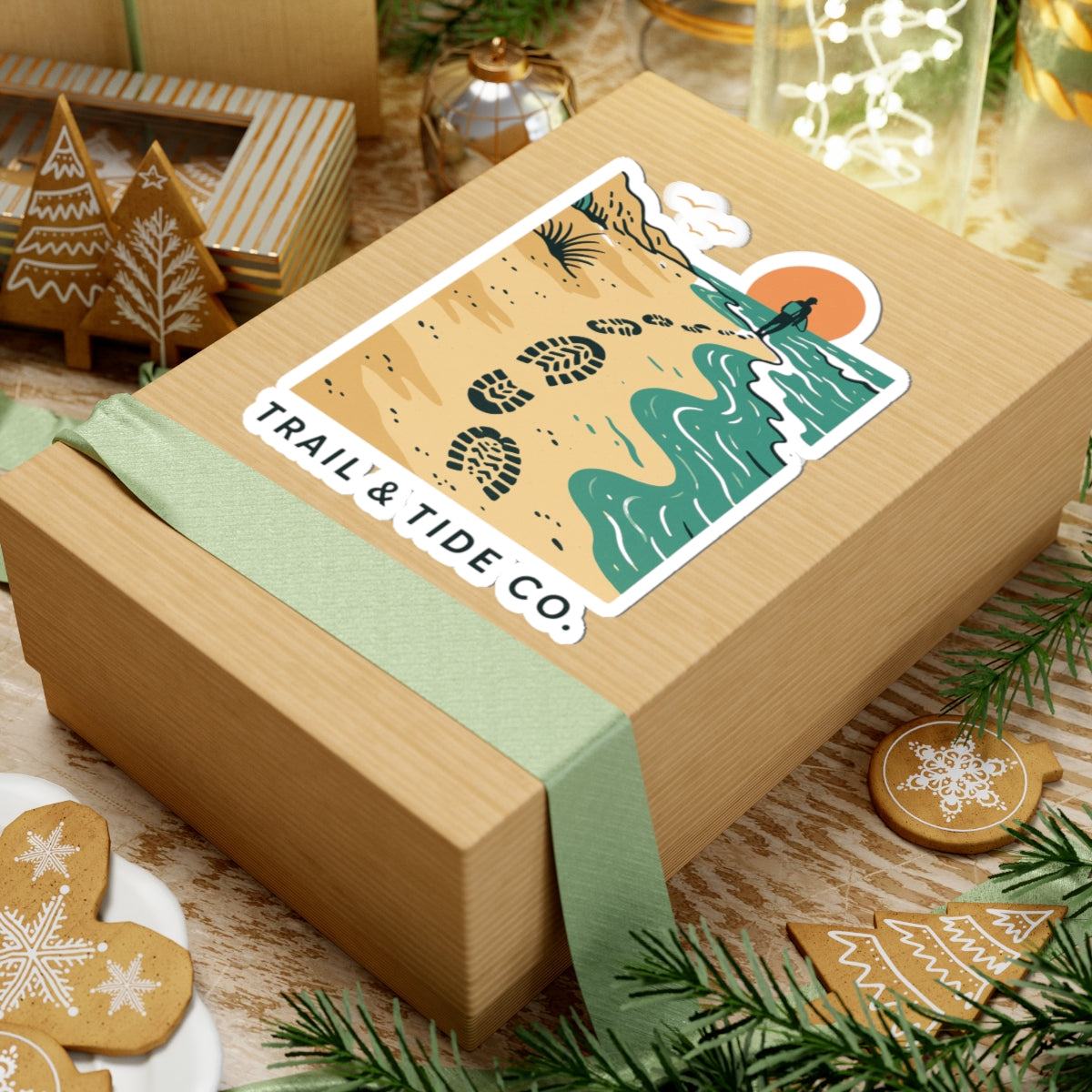 Beach Walker Sticker | Bootprints Along Coastal Trail with Sunset and Ocean - Adventure Beach Walk Graphic Vinyl Sticker