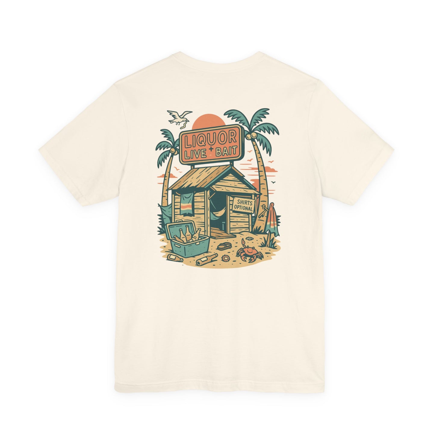 Sunburnt & Buzzed Tee | Tropical Bait Shack with Cooler, Crabs, and Neon Sign - Retro Beach Bar Party Graphic Tee (BC3001)