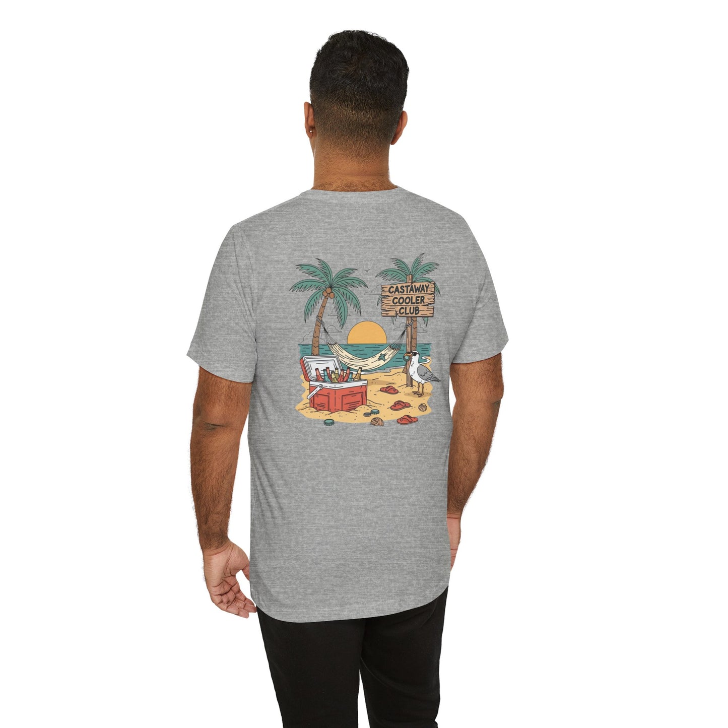 Castaway Cooler Club Tee | Beach Hammock Scene with Palm Trees, Ice Chest, and Sunset - Tropical Island Party Graphic Back Tee (BC3001)