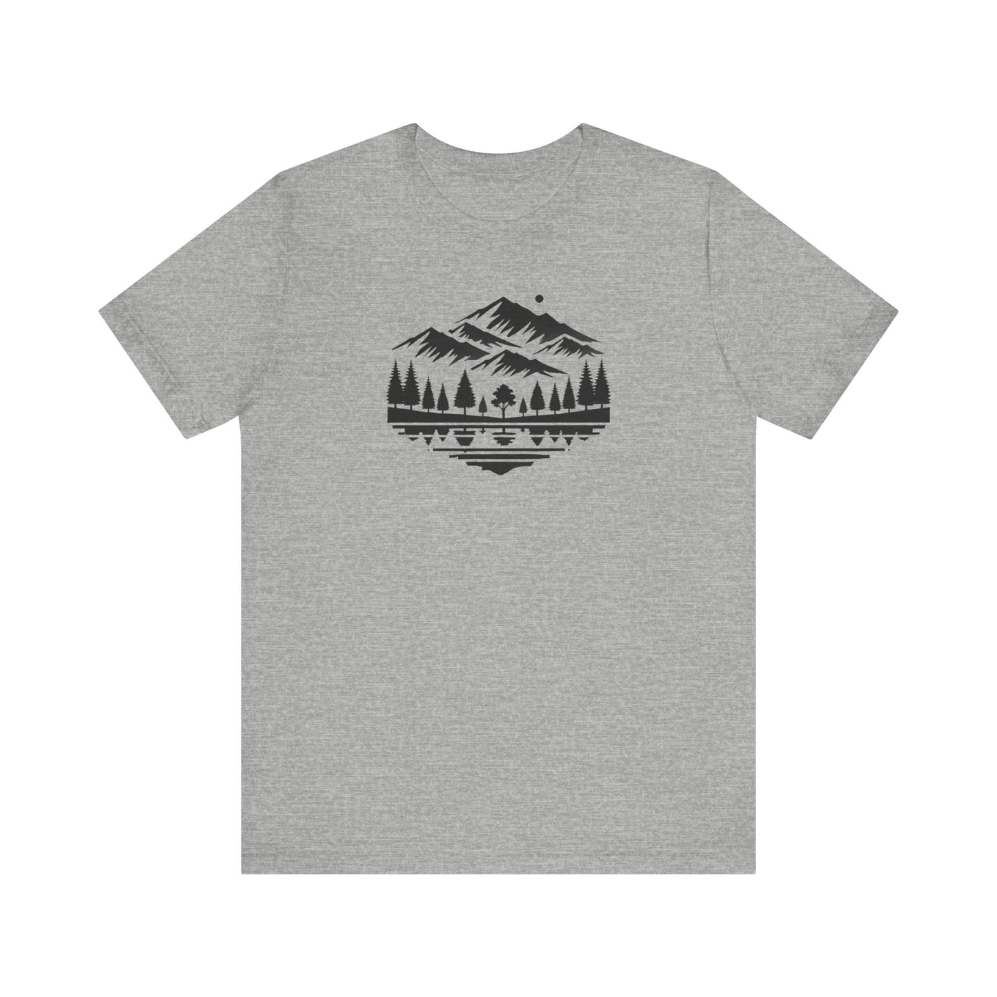 Alpine Reflection Tee | Minimal Mountain Scene with Forest and Lake - Bold Nature Graphic T-Shirt (BC3001)