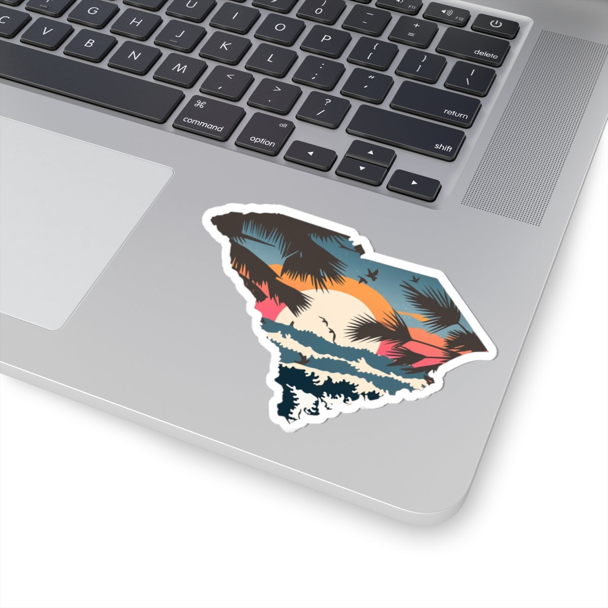 Palmetto Coast Sticker | Tropical Beach Sunset Inside South Carolina State Shape – Ocean Waves & Palm Tree Silhouette Vinyl Sticker