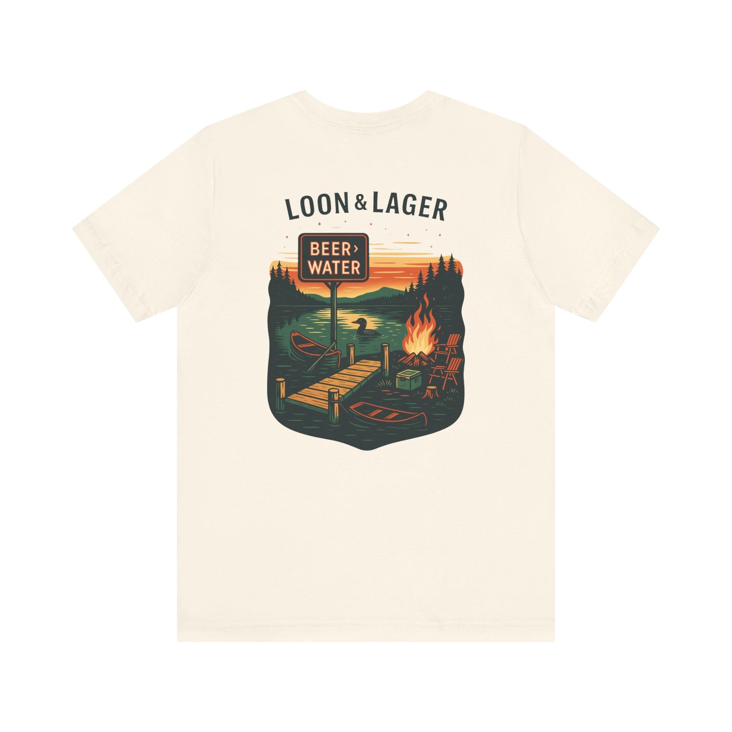 Loon & Lager Tee | Campfire Dock Scene with Canoes, Cooler, and Beer Sign - Playful Northern Lake Night Graphic Back Tee (BC3001)