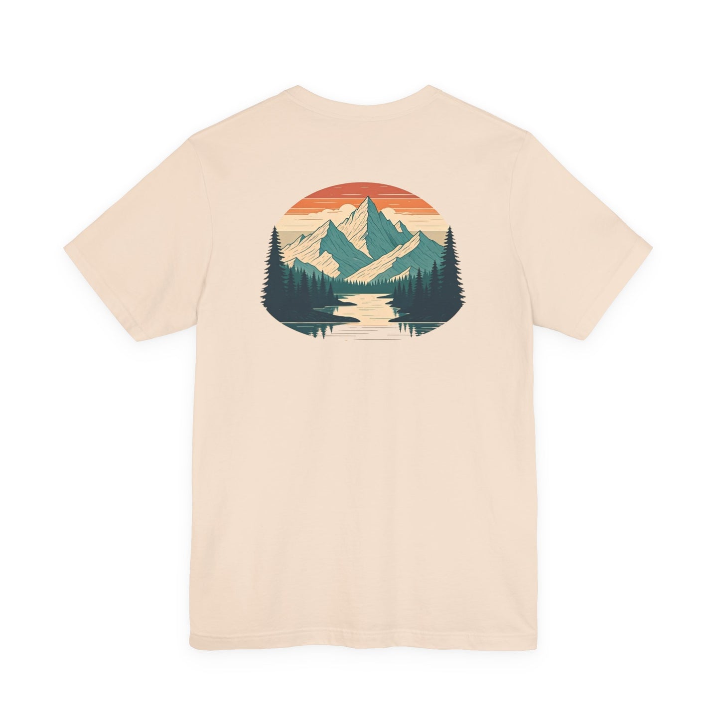 Mountain Horizon Tee | Bold Wilderness Scene with Sunset Peaks and Pine Reflection - Adventure Graphic Shirt (BC3001)