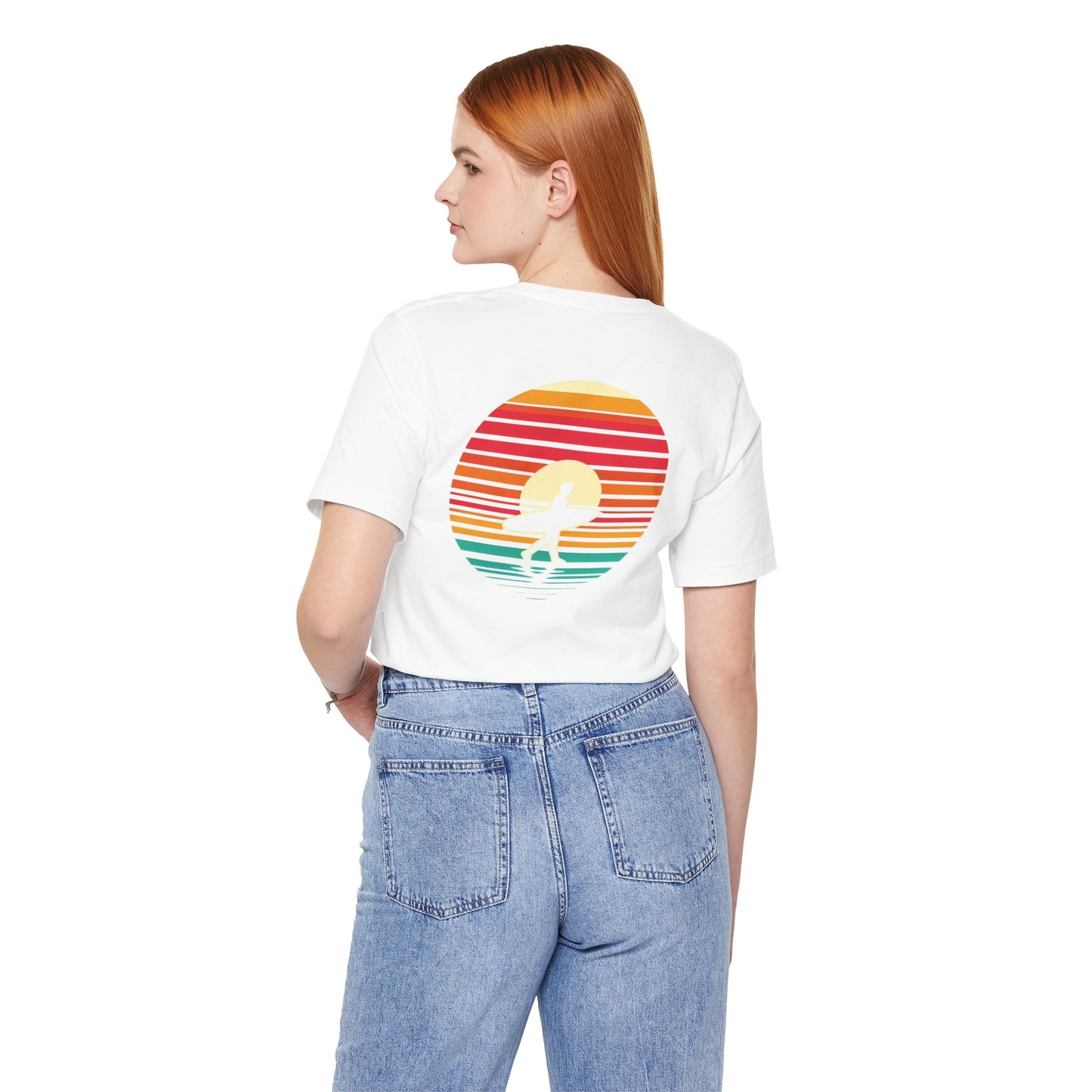 Sunset Surfer Tee | Retro Surf Silhouette with Bold Sunset Stripes - Beach Vibes Graphic Tee (BC3001)