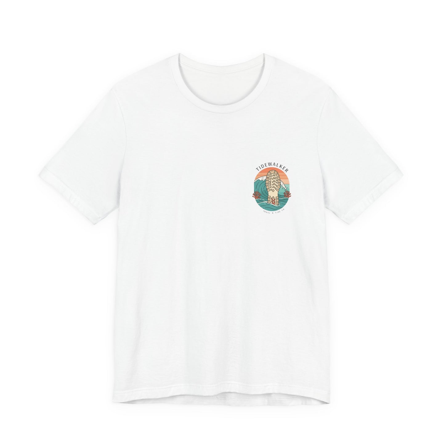 Tidewalker Tee | Coastal Trail Footprints Along Sunset Shore - Beach Walk Graphic Back Tee with Front Crest Patch (BC3001)