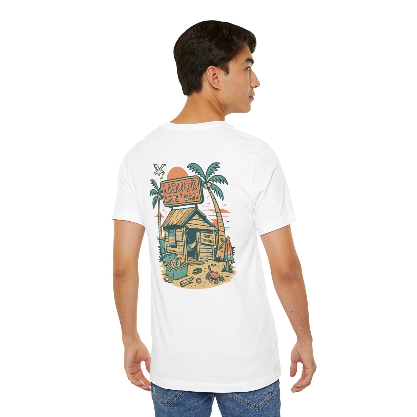 Sunburnt & Buzzed Tee | Tropical Bait Shack with Cooler, Crabs, and Neon Sign - Retro Beach Bar Party Graphic Tee (BC3001)