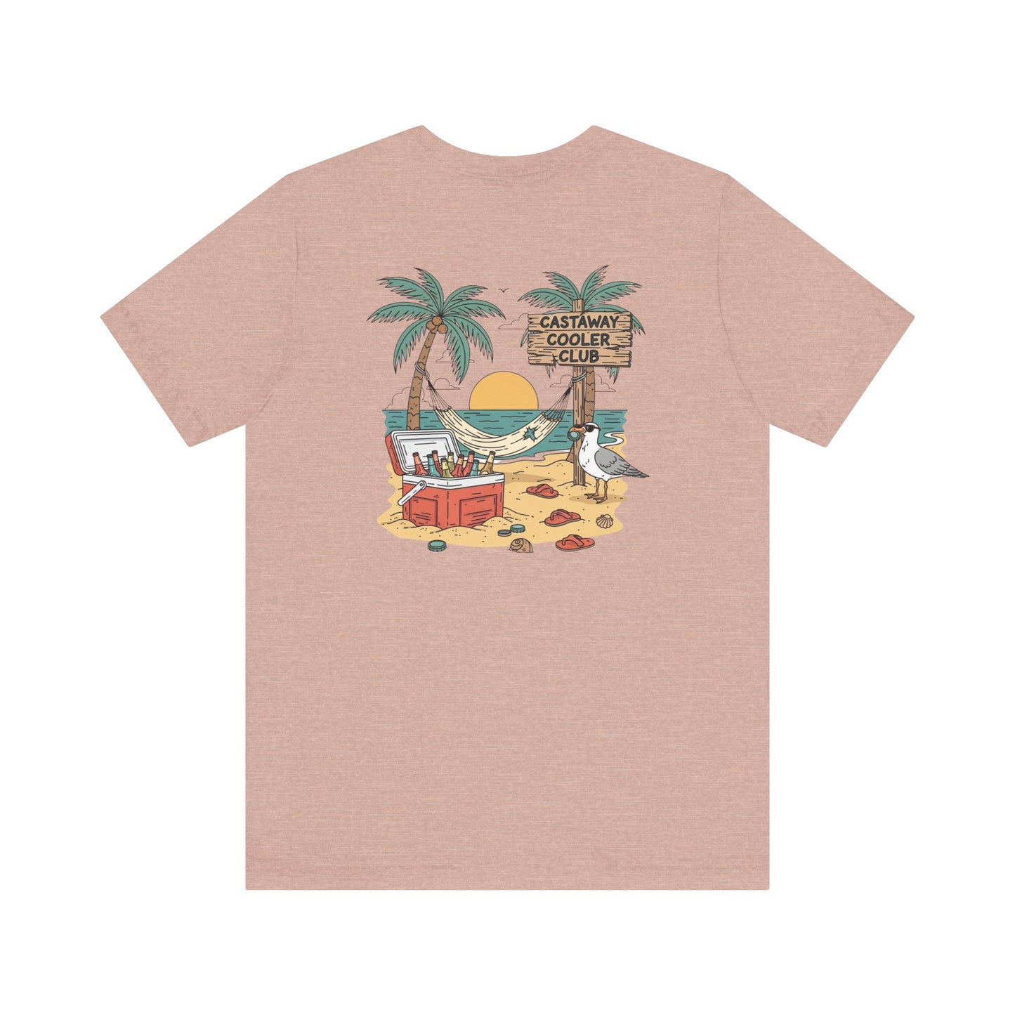 Castaway Cooler Club Tee | Beach Hammock Scene with Palm Trees, Ice Chest, and Sunset - Tropical Island Party Graphic Back Tee (BC3001)