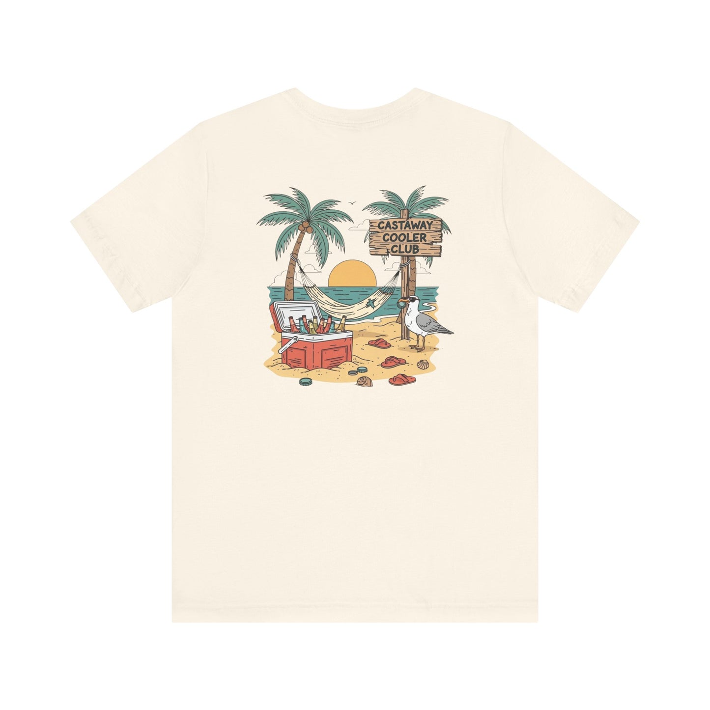 Castaway Cooler Club Tee | Beach Hammock Scene with Palm Trees, Ice Chest, and Sunset - Tropical Island Party Graphic Back Tee (BC3001)