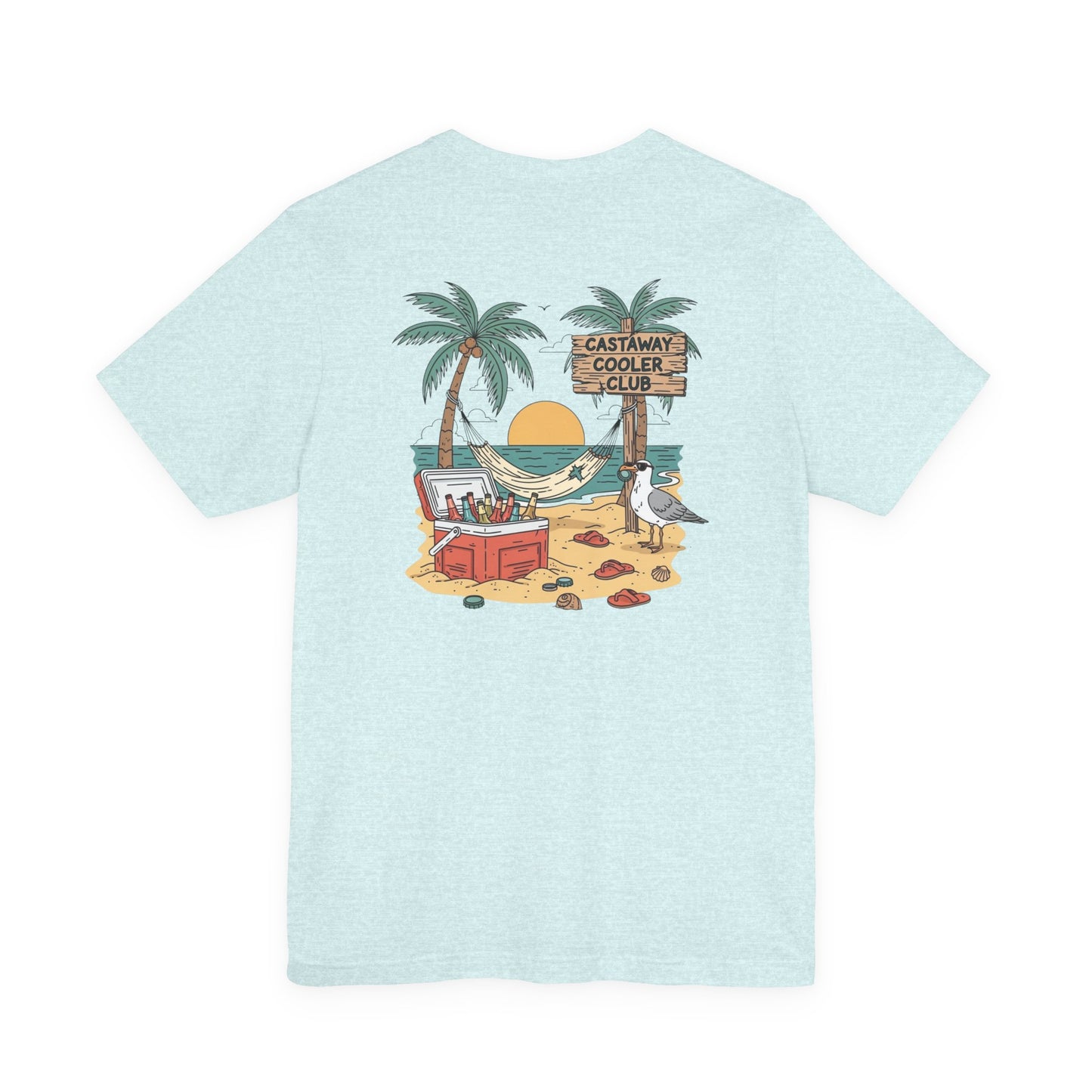 Castaway Cooler Club Tee | Beach Hammock Scene with Palm Trees, Ice Chest, and Sunset - Tropical Island Party Graphic Back Tee (BC3001)
