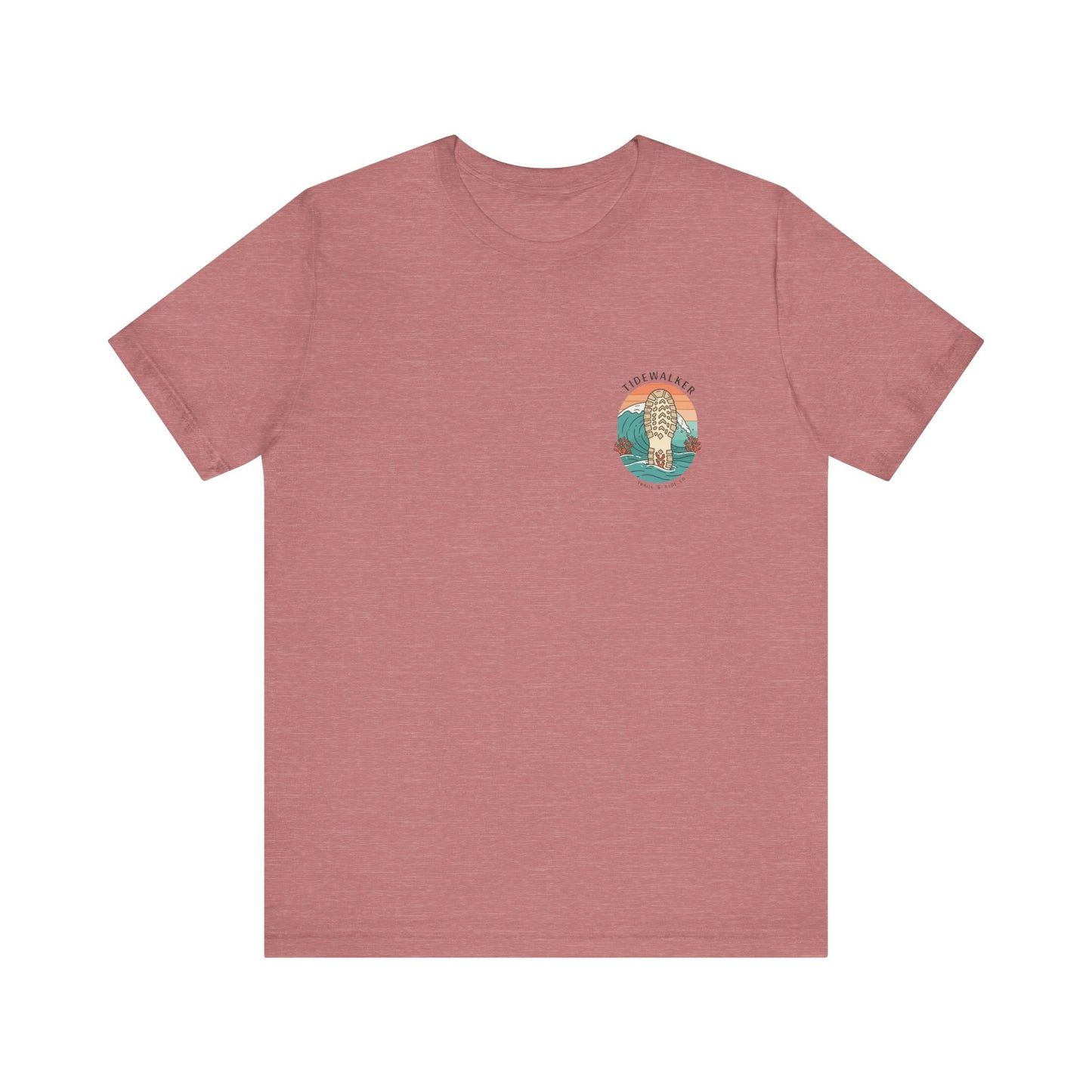 Tidewalker Tee | Coastal Trail Footprints Along Sunset Shore - Beach Walk Graphic Back Tee with Front Crest Patch (BC3001)