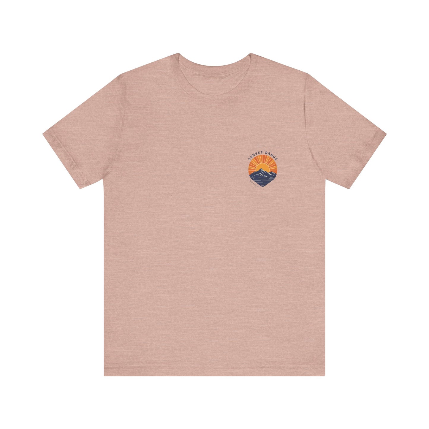 Sunset Range Tee | Vibrant Orange Mountain Landscape with Trail Hiker and Setting Sun - Bold Desert Peak Graphic Tee (BC3001)