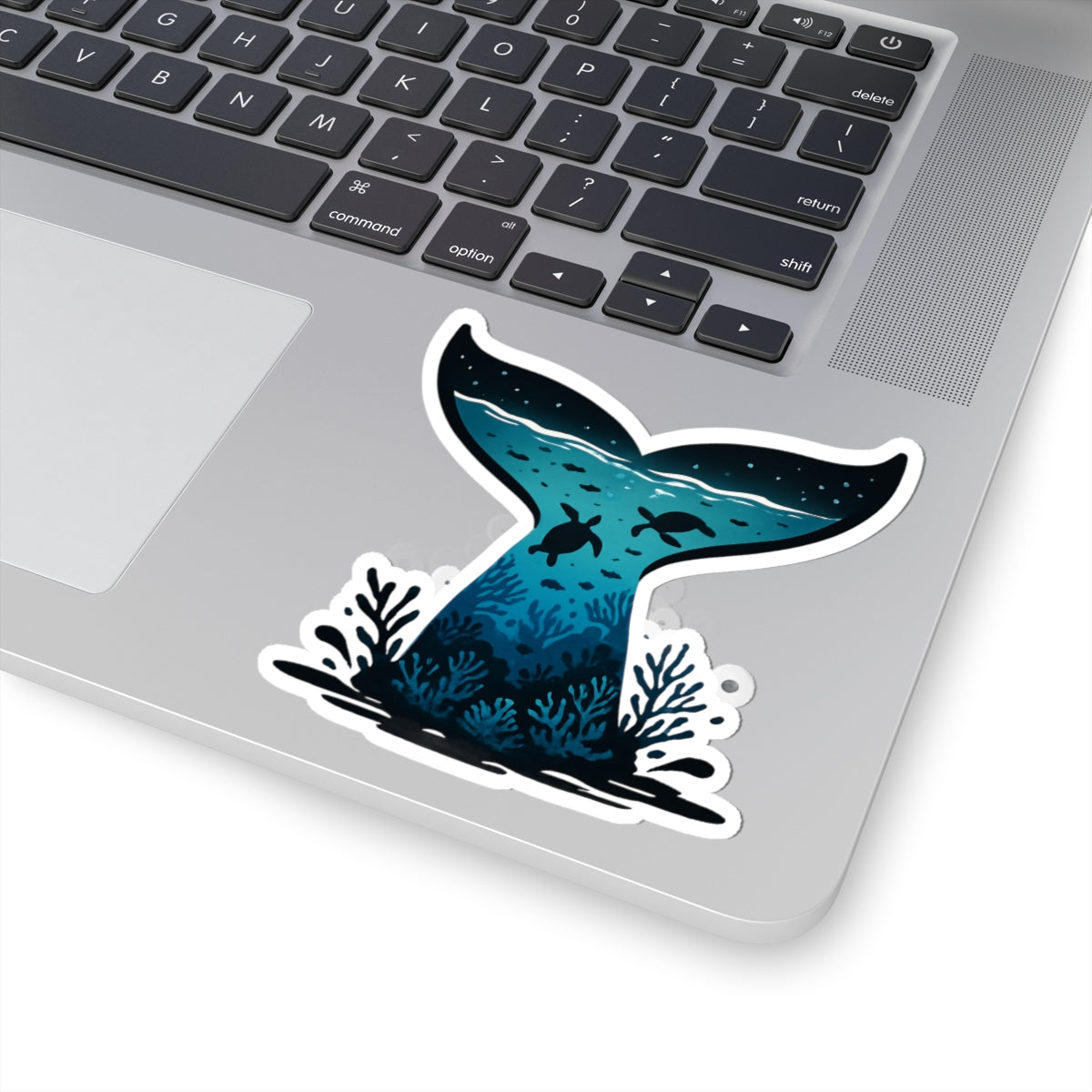 Sea Turtle Trek Sticker | Underwater Ocean Scene Inside Whale Tail - Marine Wildlife Vinyl Sticker