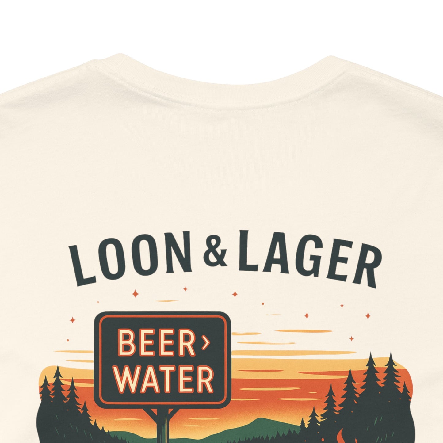 Loon & Lager Tee | Campfire Dock Scene with Canoes, Cooler, and Beer Sign - Playful Northern Lake Night Graphic Back Tee (BC3001)