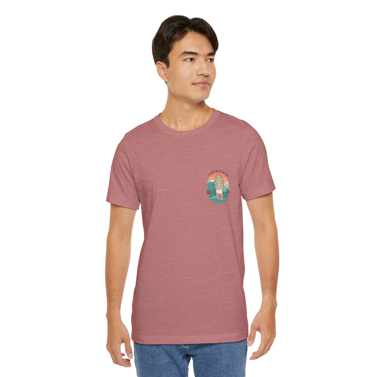 Tidewalker Tee | Coastal Trail Footprints Along Sunset Shore - Beach Walk Graphic Back Tee with Front Crest Patch (BC3001)