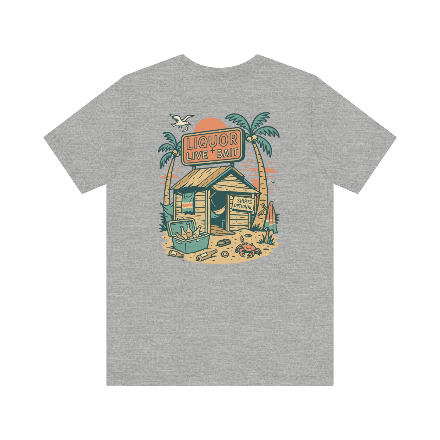 Sunburnt & Buzzed Tee | Tropical Bait Shack with Cooler, Crabs, and Neon Sign - Retro Beach Bar Party Graphic Tee (BC3001)