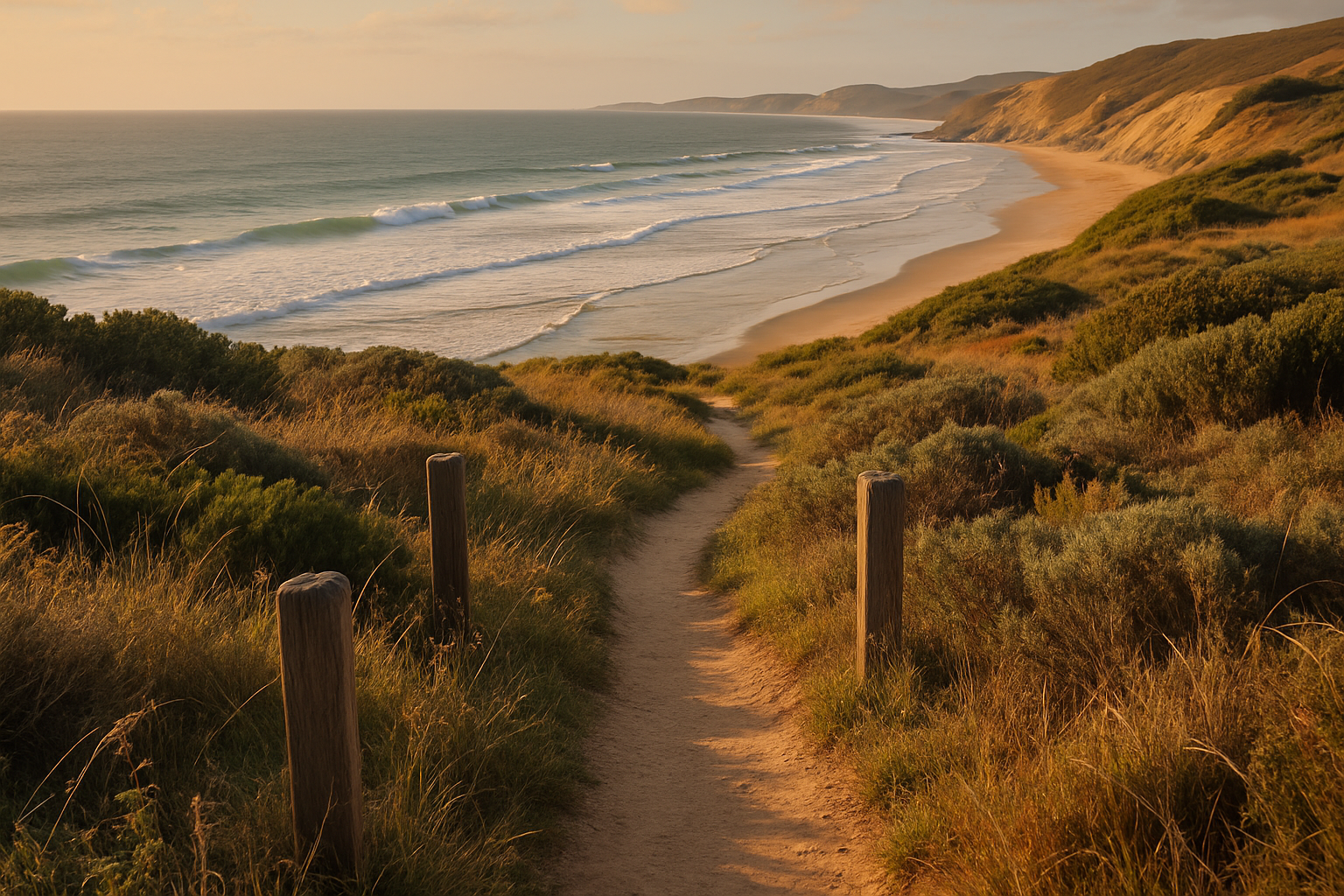 outdoorsy trail that ends near a beach with tides in the distance
