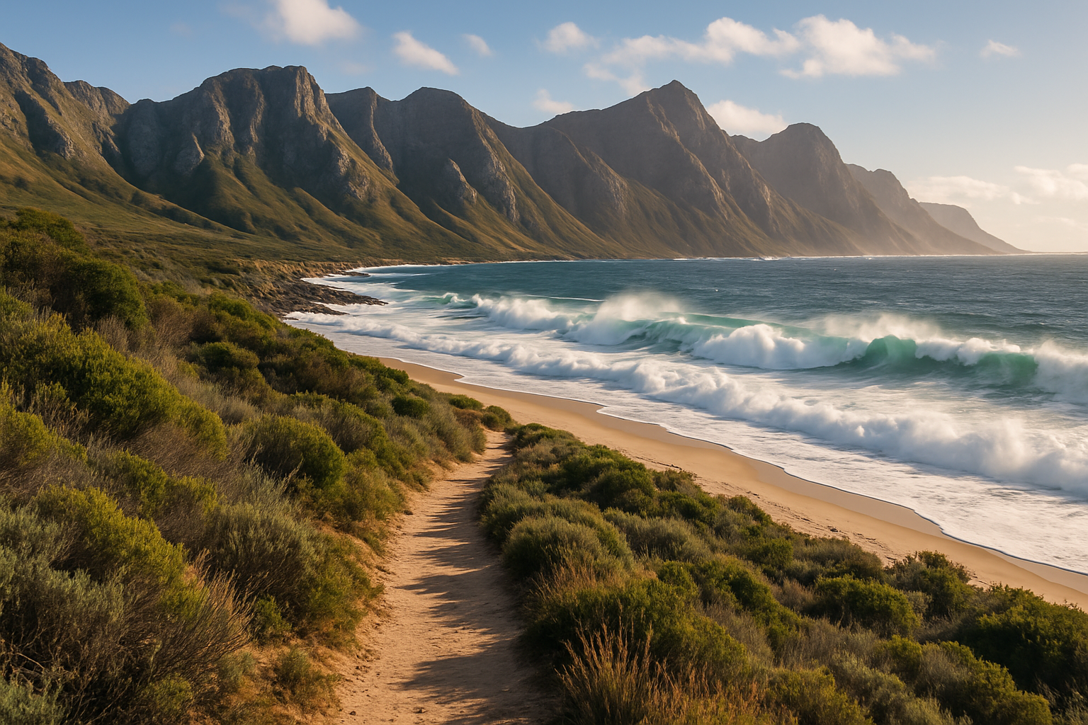 outdoorsy trail that leads to a beach with tides crashing in the distance. additionally, add some mountains in the background along the shore line.