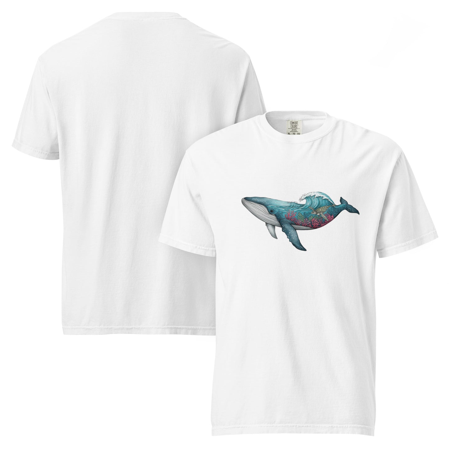 Reef Rider Tee | Illustrated Whale with Coral Reef and Ocean Wave – Vibrant Marine Life Graphic Tee (CC1717)