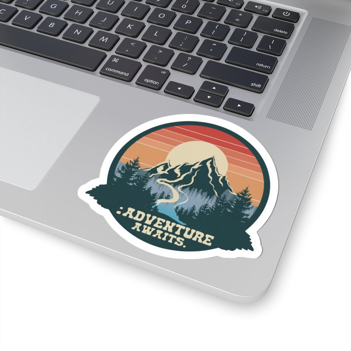 Adventure Awaits Sticker | Retro Mountain Landscape with River and Sunset - Scenic Wilderness Travel Graphic Vinyl Sticker