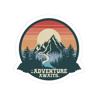 Adventure Awaits Sticker | Retro Mountain Landscape with River and Sunset – Scenic Wilderness Travel Graphic Vinyl Sticker