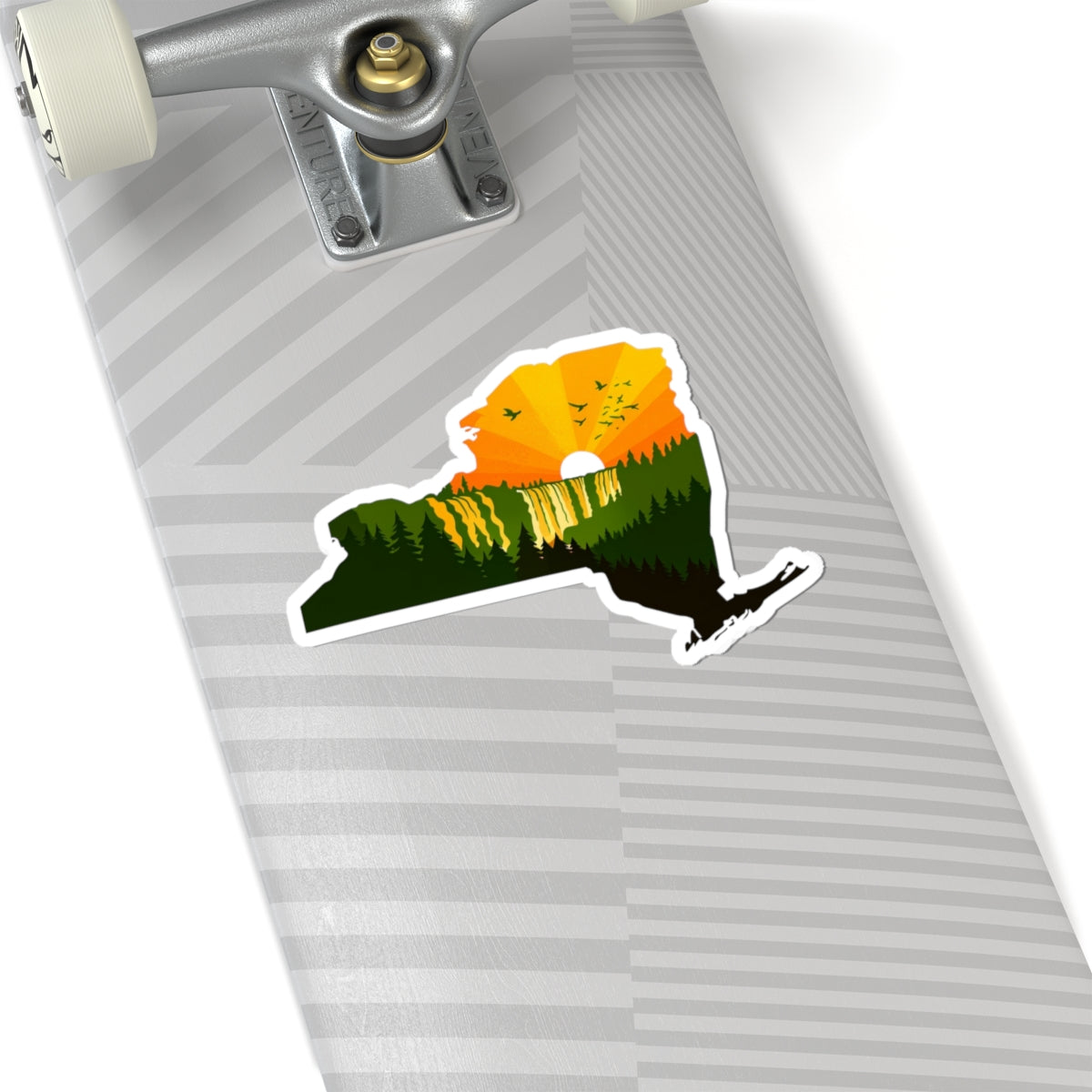 New York Wilderness Sticker | Forest Sunrise in State Silhouette – Upstate Adventure Landscape Vinyl Sticker