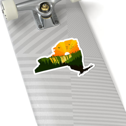 New York Wilderness Sticker | Forest Sunrise in State Silhouette – Upstate Adventure Landscape Vinyl Sticker