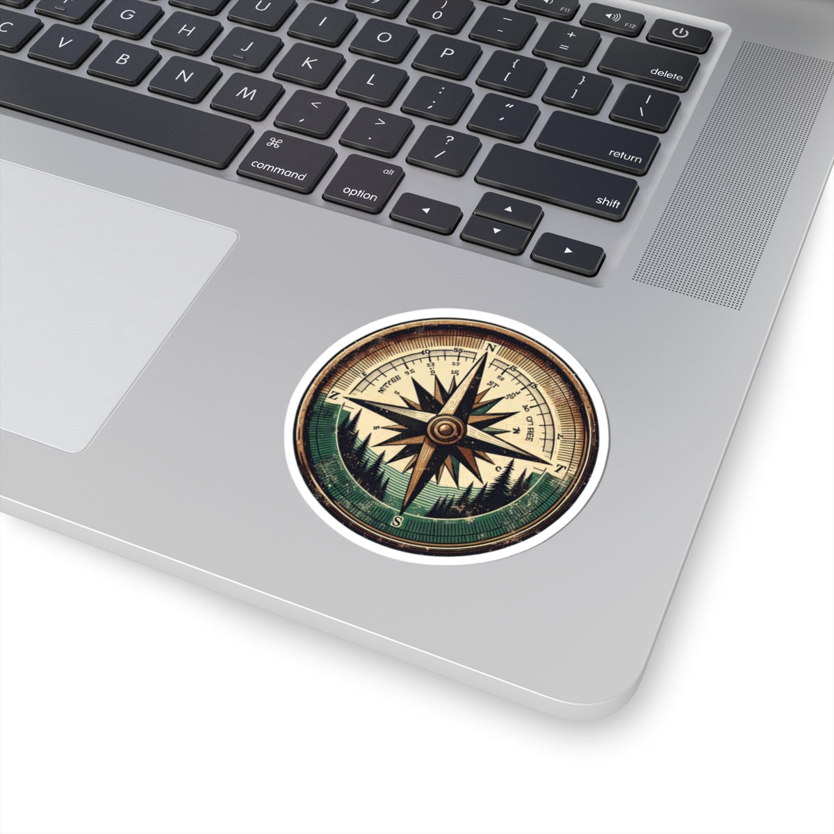 Wander North Sticker | Vintage Compass Rose with Forest Mountains – Adventure Navigation Graphic Vinyl Sticker