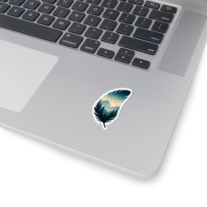 Feather Dusk Sticker | Tranquil Forest and Mountain Scene Inside Feather – Soft Sunset Wilderness Vinyl Sticker