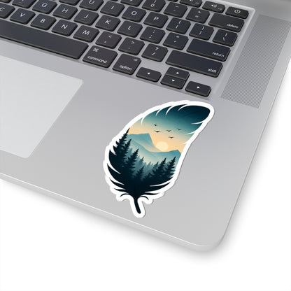 Feather Dusk Sticker | Tranquil Forest and Mountain Scene Inside Feather – Soft Sunset Wilderness Vinyl Sticker