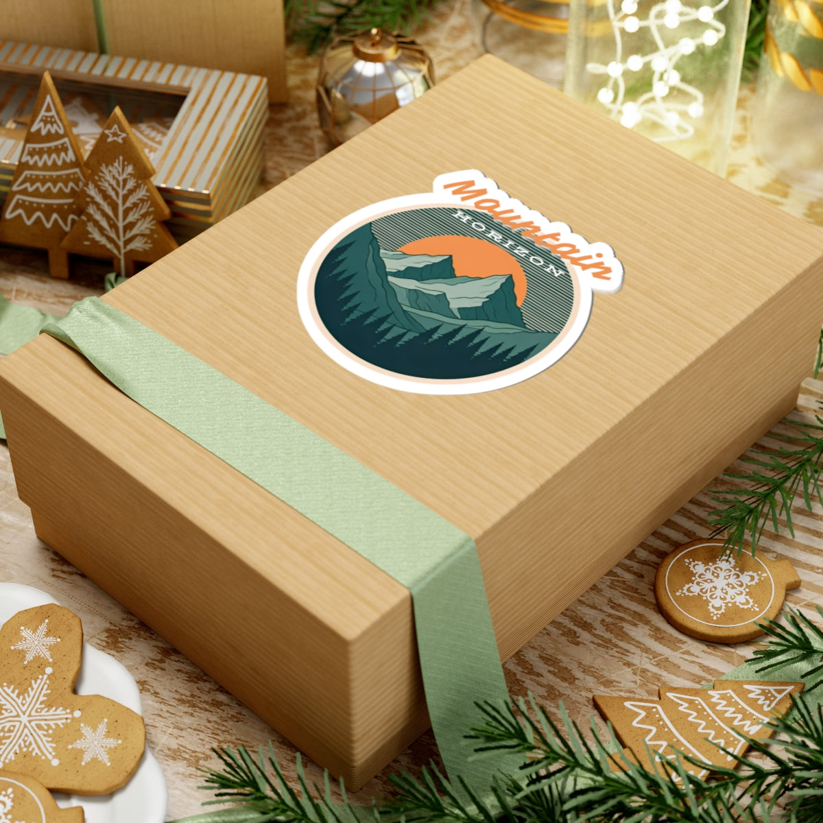 Mountain Horizon Sticker | Retro Sunset Mountain Badge with Tree Line Silhouette – Wilderness Landscape Vinyl Sticker