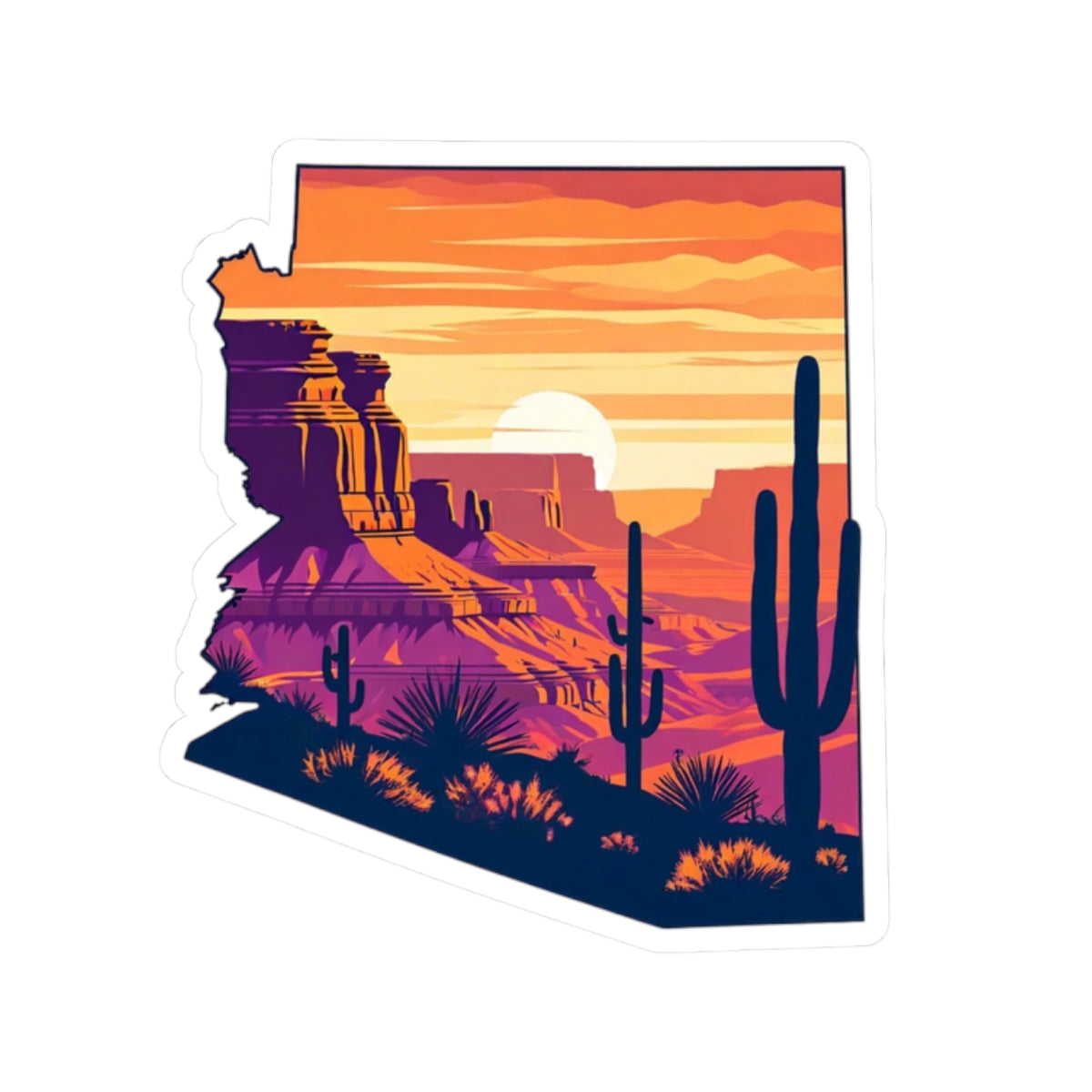 Desert Glow Sticker | Arizona State Outline with Cactus Landscape, Red Rocks, and Sunset Sky – Bold Southwest Desert Vinyl Sticker