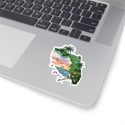 Florida Sunset Sticker | Tropical Coastline Inside Florida State Silhouette – Palm Trees, Flamingos & Ocean Sunset Vinyl Sticker