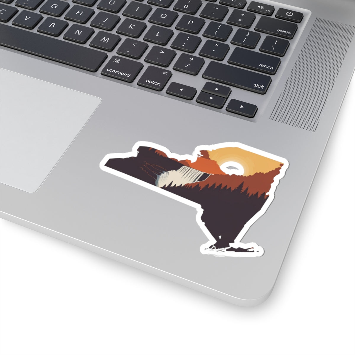 New York Summit Sticker | Adirondack Peaks with Sunset in State Silhouette – Bold Wilderness Mountain Vinyl Sticker