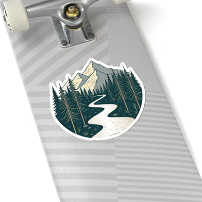 Alpine River Sticker | Winding Stream Through Pines and Peaks – Nature Mountain Scene Vinyl Sticker