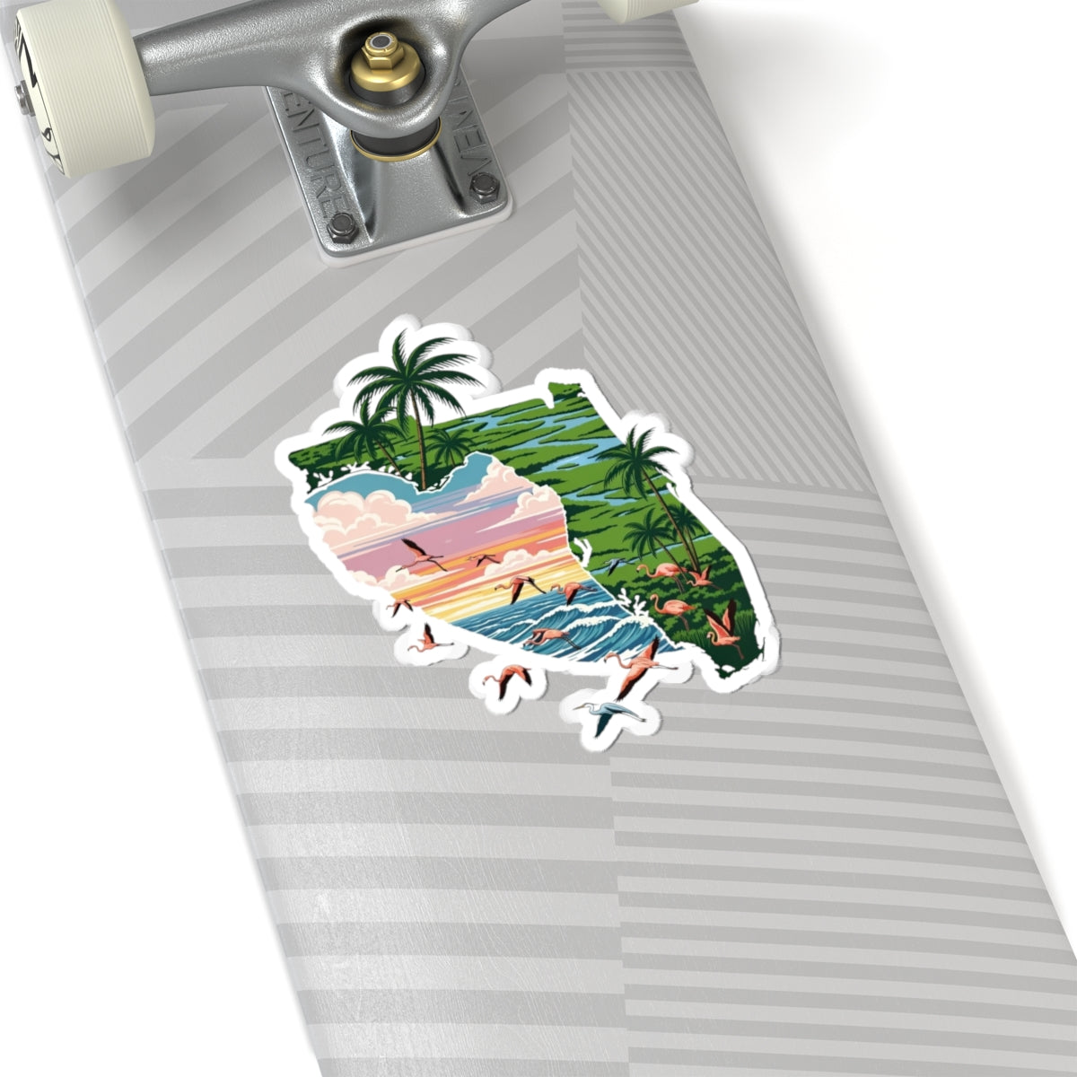 Florida Sunset Sticker | Tropical Coastline Inside Florida State Silhouette – Palm Trees, Flamingos & Ocean Sunset Vinyl Sticker