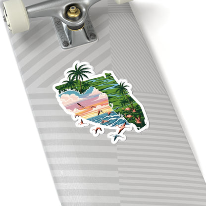 Florida Sunset Sticker | Tropical Coastline Inside Florida State Silhouette – Palm Trees, Flamingos & Ocean Sunset Vinyl Sticker