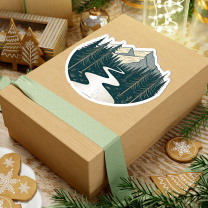 Alpine River Sticker | Winding Stream Through Pines and Peaks – Nature Mountain Scene Vinyl Sticker