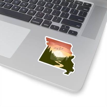 Missouri Wilderness Sticker | Sunrise Trail and Pines in State Silhouette – Ozark Forest Adventure Vinyl Sticker