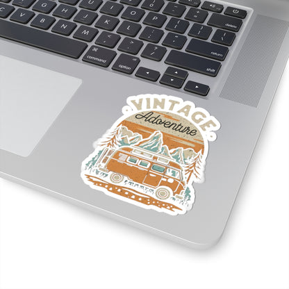 Vintage Adventure Sticker | Retro Camper Van in Mountain Scene – Classic Road Trip Travel Vinyl Sticker