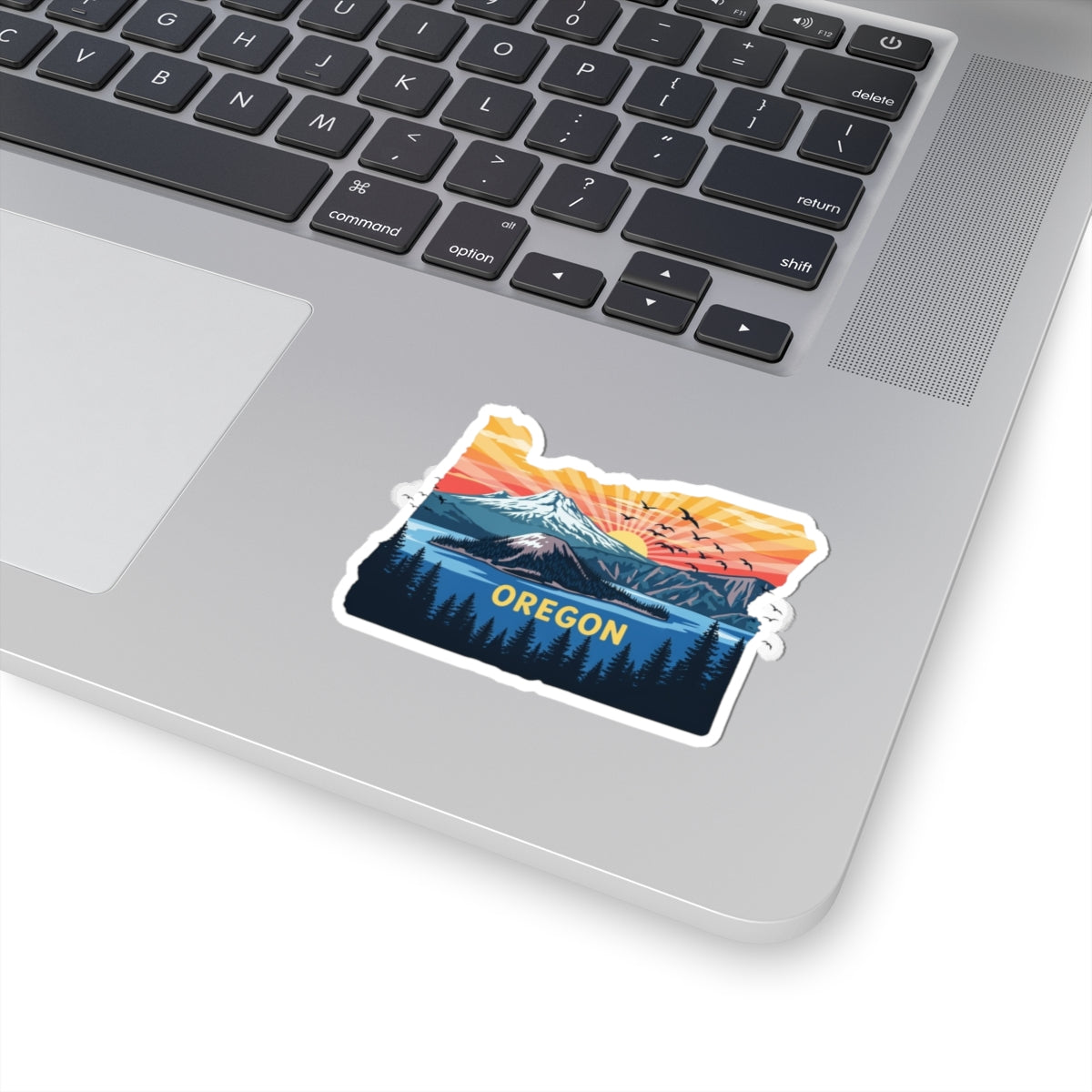 Peaks of Oregon Sticker | Oregon State Outline with Mt. Hood, Sunrise Sky, and Pine Forest – Vibrant PNW Wilderness Vinyl Sticker
