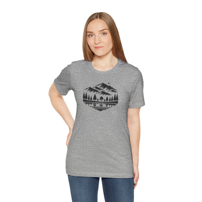 Alpine Reflection Tee | Minimal Mountain Scene with Forest and Lake - Bold Nature Graphic T-Shirt (BC3001)