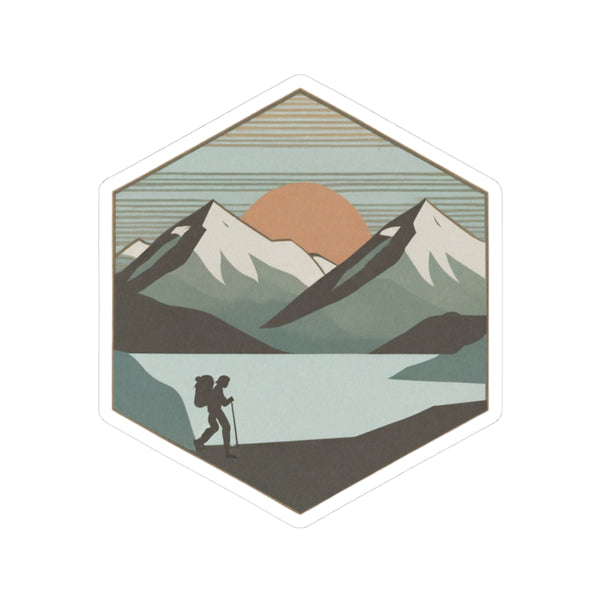 Horizon Hike Sticker | Minimalist Mountain Sunset with Hiker and Lake – Retro Wilderness Trek Graphic Vinyl Sticker