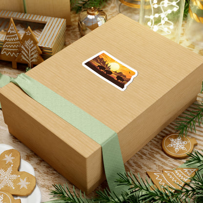 Dakota Sunset Sticker | North Dakota Shape with Bison Herd, Prairie Ridge, and Golden Sun – Bold Western Plains Vinyl Sticker