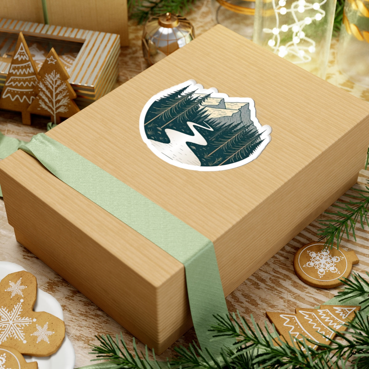 Alpine River Sticker | Winding Stream Through Pines and Peaks - Nature Mountain Scene Vinyl Sticker
