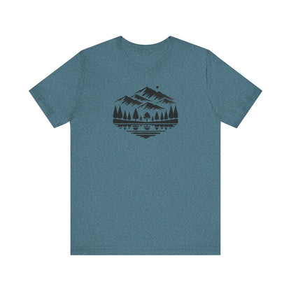 Alpine Reflection Tee | Minimal Mountain Scene with Forest and Lake - Bold Nature Graphic T-Shirt (BC3001)