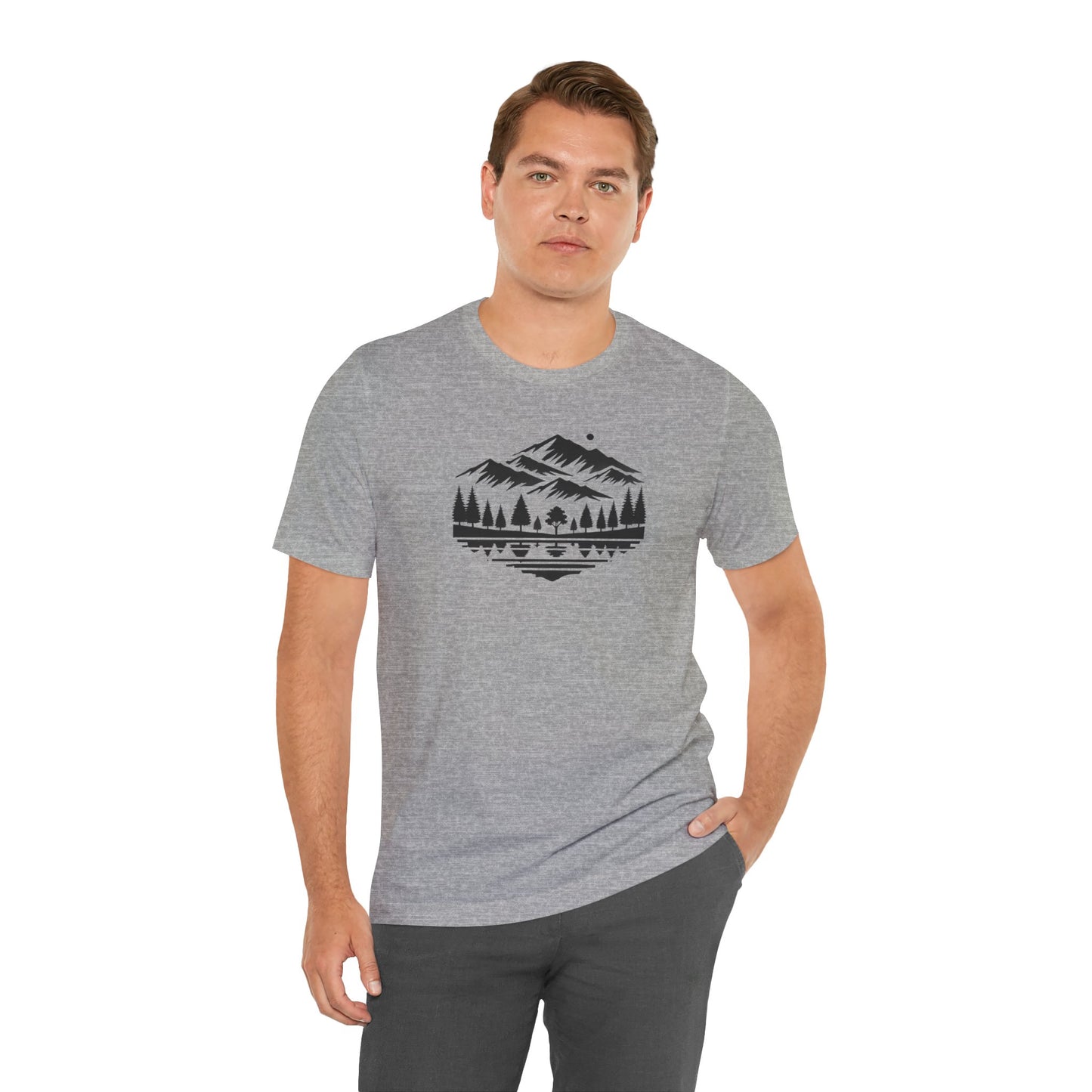 Alpine Reflection Tee | Minimal Mountain Scene with Forest and Lake - Bold Nature Graphic T-Shirt (BC3001)
