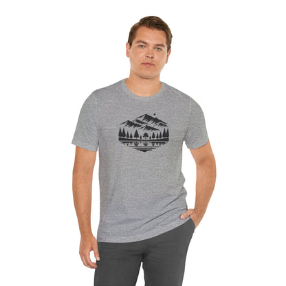 Alpine Reflection Tee | Minimal Mountain Scene with Forest and Lake - Bold Nature Graphic T-Shirt (BC3001)