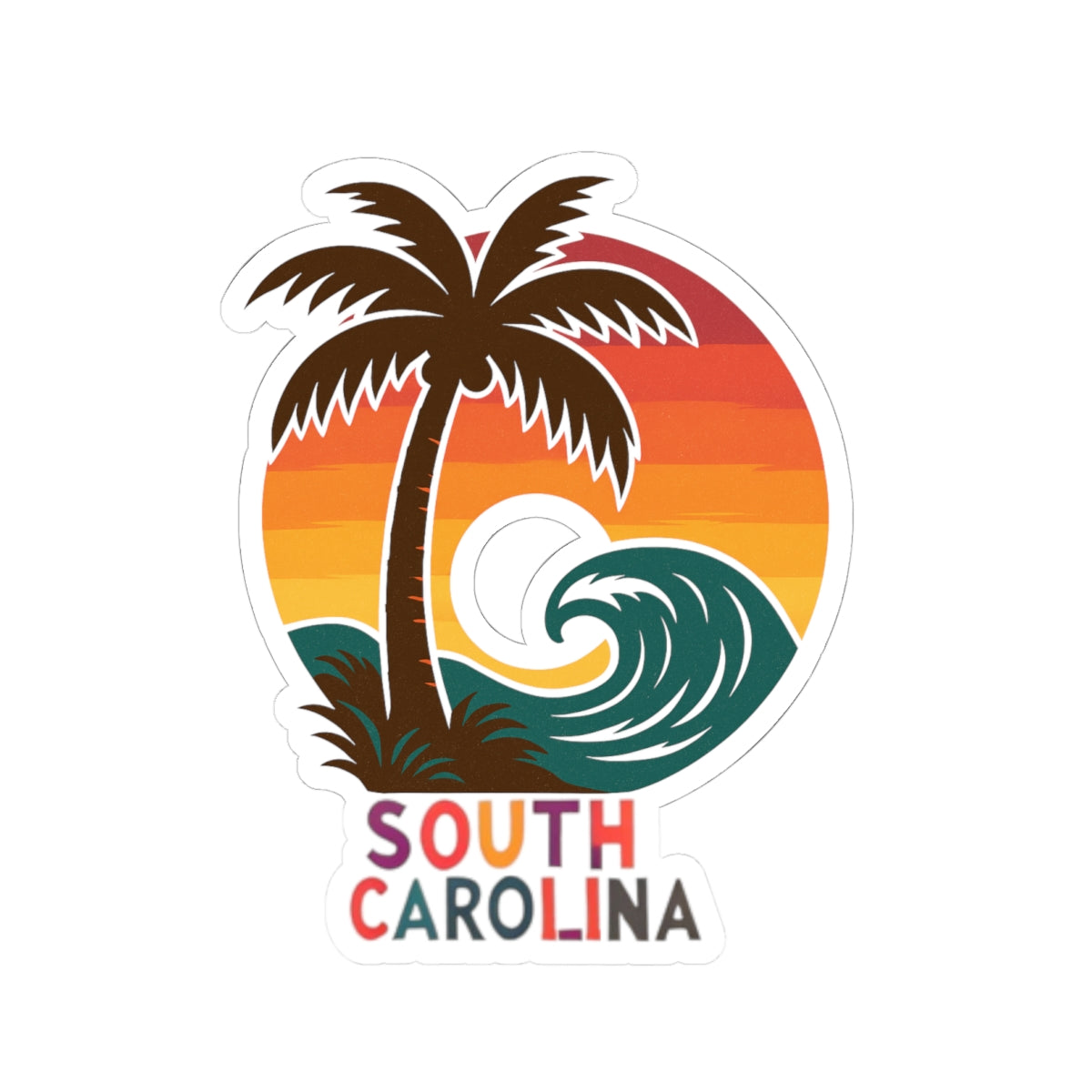 South Carolina Surf Wave Sticker | Retro Palmetto Tree and Sunset Wave Badge – Coastal Carolina Vinyl Sticker