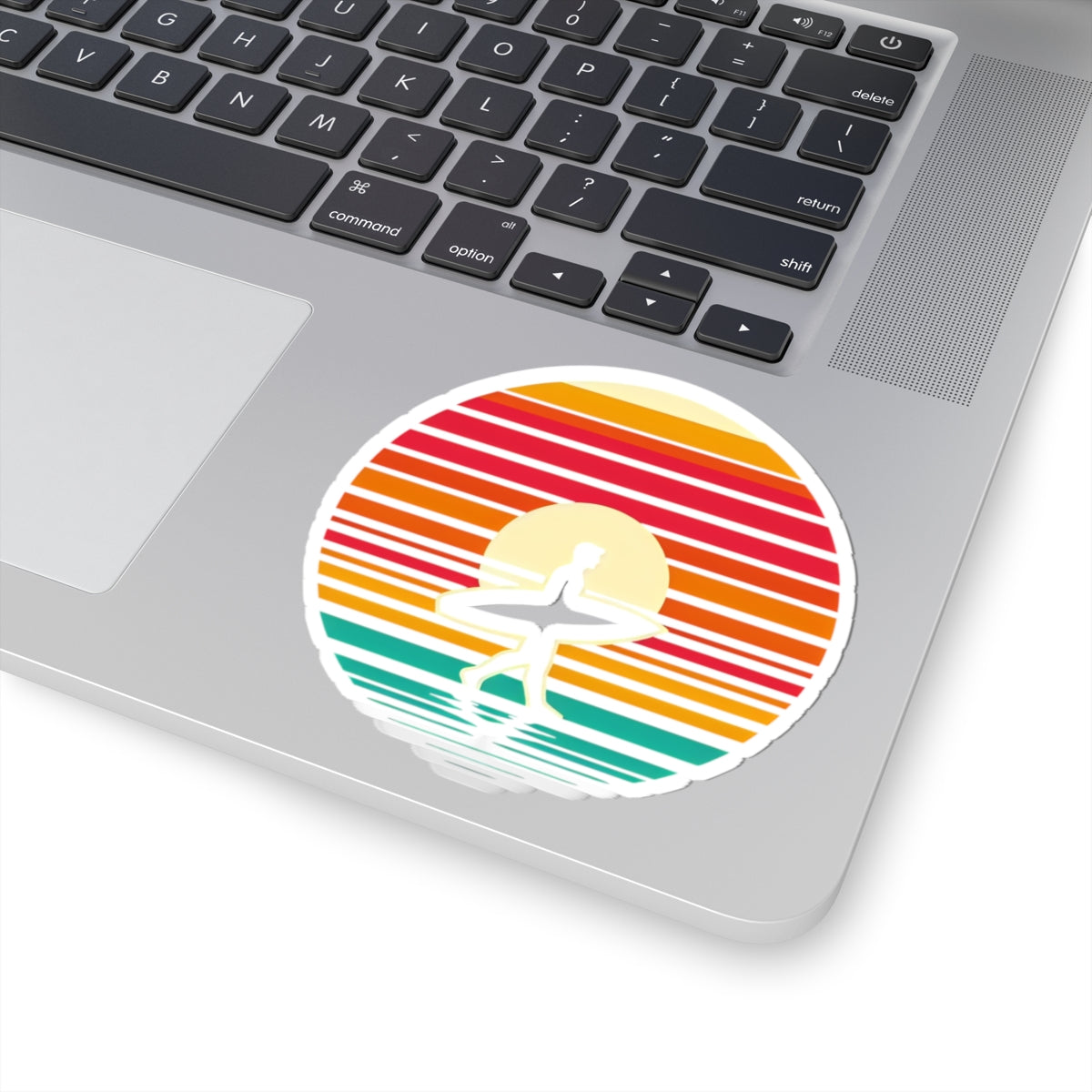 Coastal Stride Sticker | Retro Sunset with Surfer Silhouette – Bold Minimalist Beach Walk Graphic Vinyl Sticker
