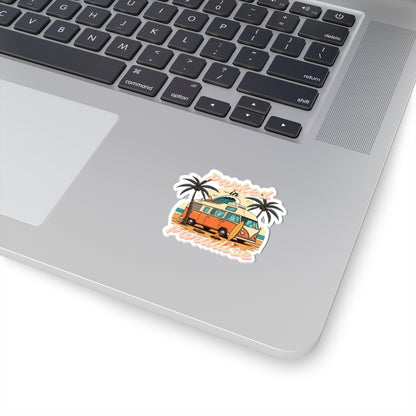 Parked in Paradise Sticker | Retro Camper Van Beach Scene with Palm Trees – Vintage Coastal Adventure Vinyl Sticker